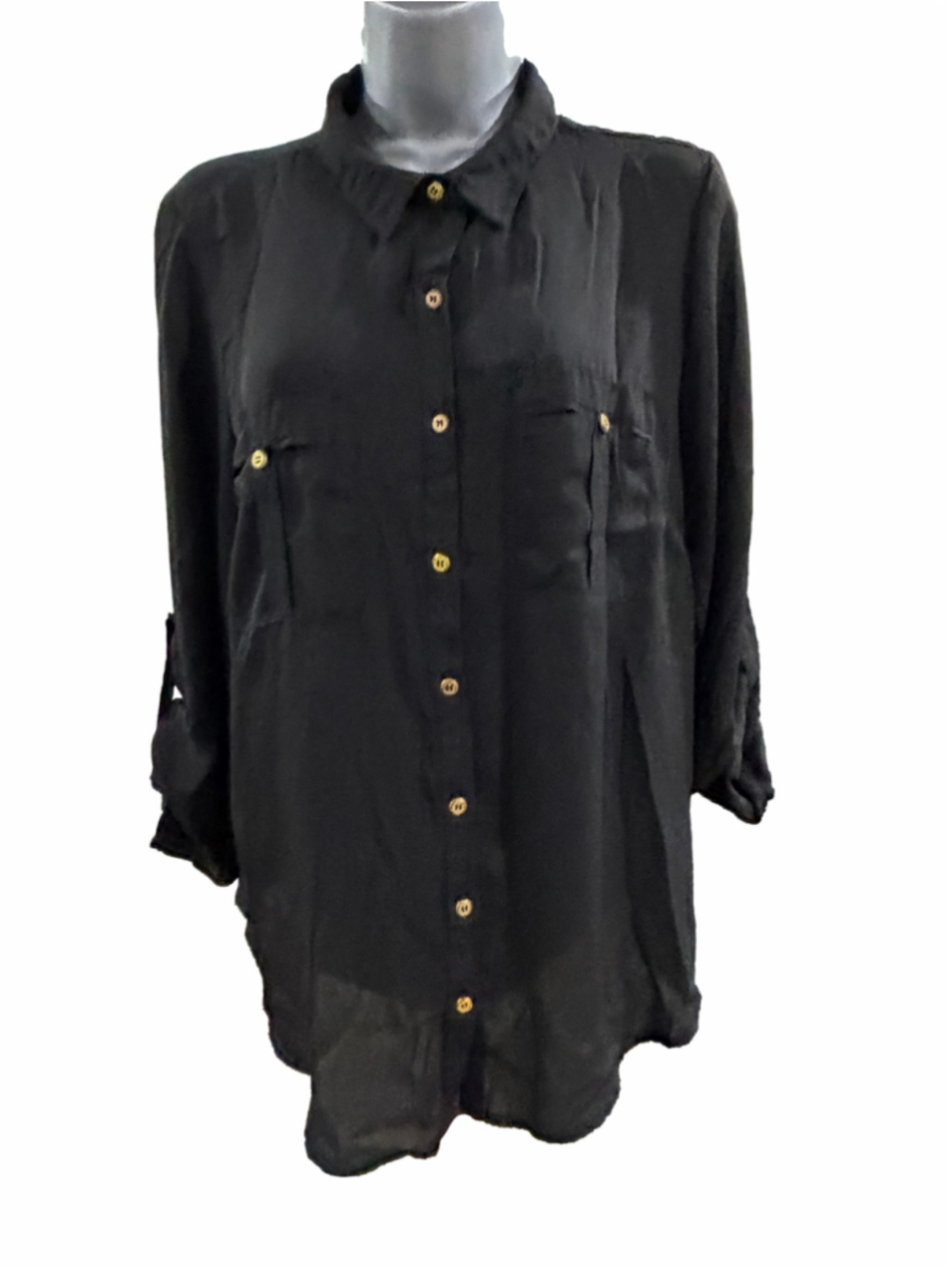 Women's Zenobia Sheer Black Button Down Shirt, Size XL